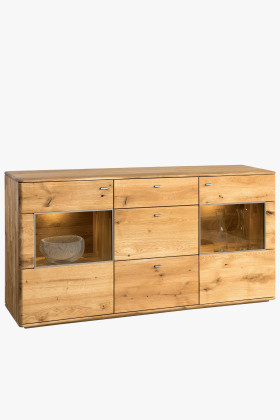 Luxus tölgyfa komód fiókokkal és üvegajtókkal natúr színben